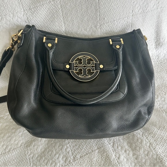 Tory Burch Amanda Black Pebbled Leather Convertible Hobo Satchel Gold Logo - Picture 9 of 16